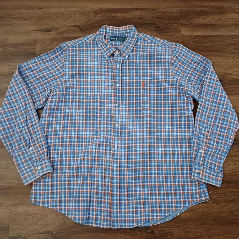 Ralph Lauren Mens XXL Blue Orange Plaid Cotton Long Sleeve Button Down Shirt - Picture 2 of 7